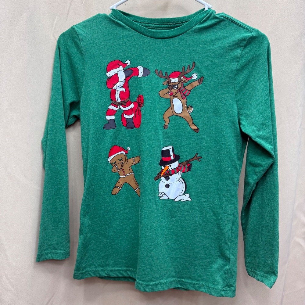 Holiday Time Boys Green Dabbing Santa Reindeer Snowman Christmas Shirt L 10-12‎